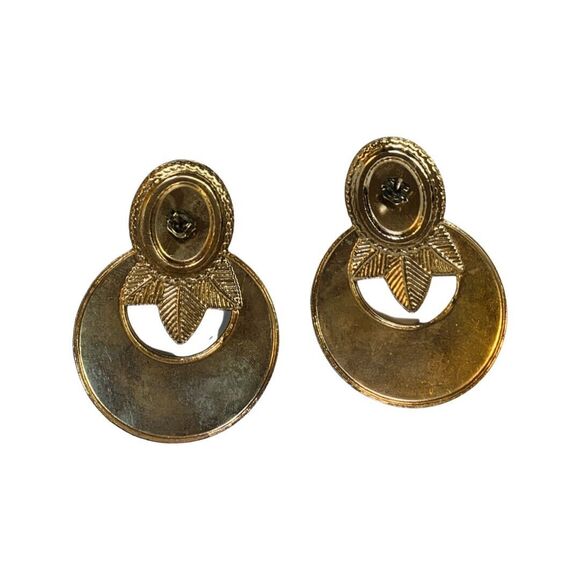 Gold Tone Large Hoop Statement Earrings 2" Gray Enamel White Pearl Cabochon - Picture 7 of 8